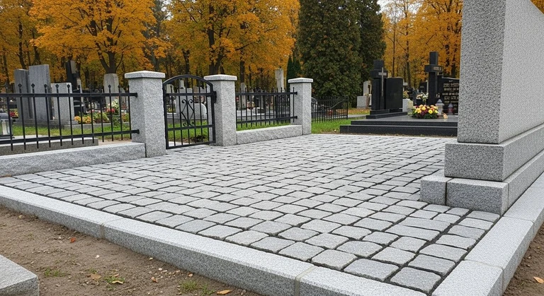 Благоустройство захоронений в Саратове — мощение гранитной плиткой, цоколь и ограда на ухоженном участке