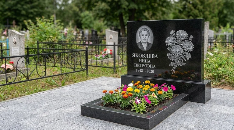 Гравировка хризантем на памятник в Саратове — пример работы на граните
