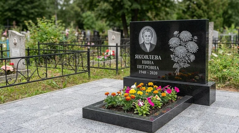 Памятник с гравировкой хризантем — выполненная работа «Соколов» в Саратове