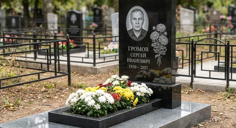 Памятник с гравировкой хризантем — выполненная работа «Громов» в Саратове