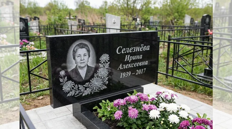 Памятник с гравировкой хризантем — выполненная работа «Селезнёва» в Саратове