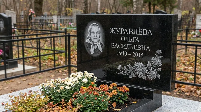 Памятник с гравировкой хризантем — выполненная работа «Журавлёва» в Саратове