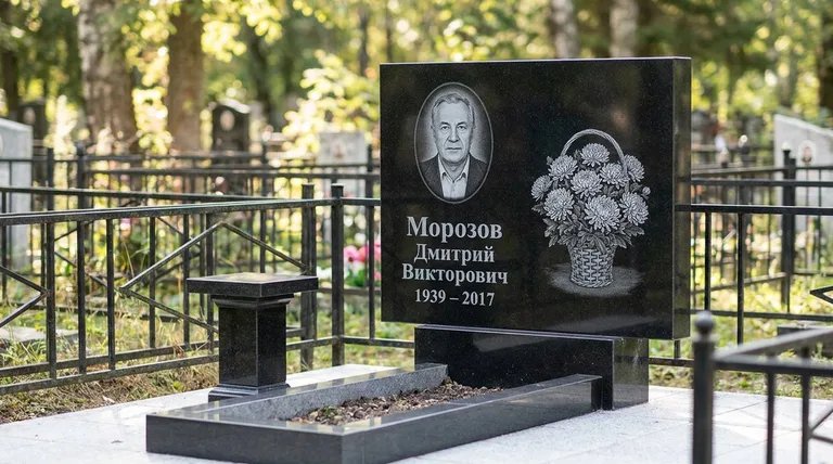Памятник с гравировкой хризантем — выполненная работа «Морозов» в Саратове