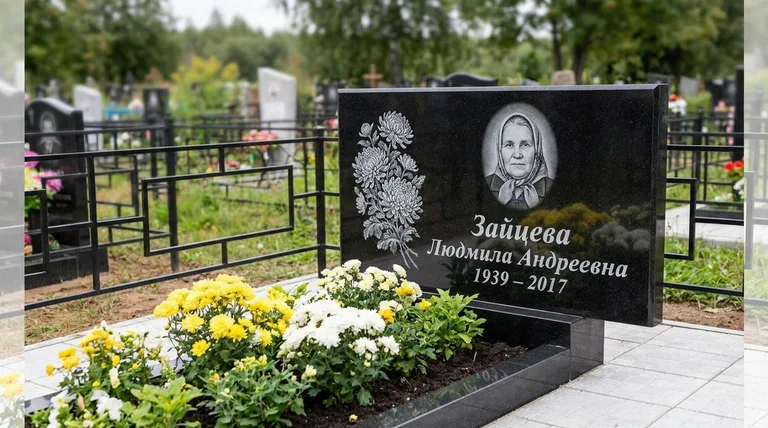 Памятник с гравировкой хризантем — выполненная работа «Зайцева» в Саратове
