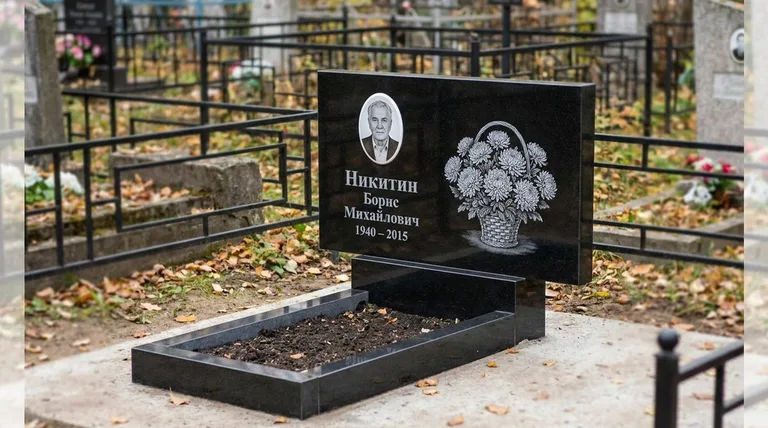 Памятник с гравировкой хризантем — выполненная работа «Никитин» в Саратове