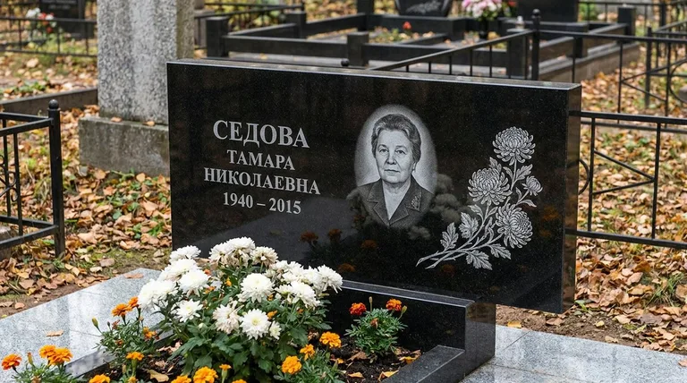 Памятник с гравировкой хризантем — выполненная работа «Седова» в Саратове