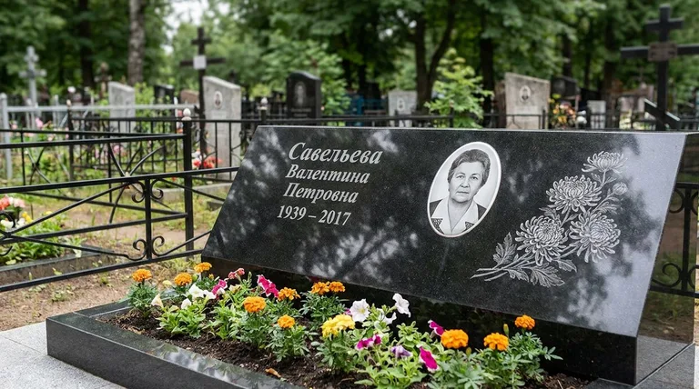 Памятник с гравировкой хризантем — выполненная работа «Савельева» в Саратове