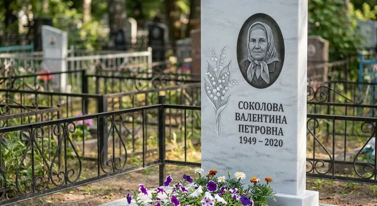 Памятник с гравировкой ландышей — выполненная работа «Соколова» в Саратове