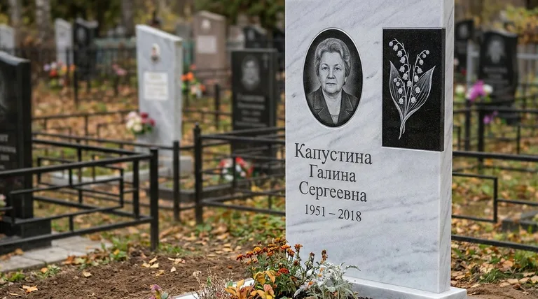 Памятник с гравировкой ландышей — выполненная работа «Капустина» в Саратове