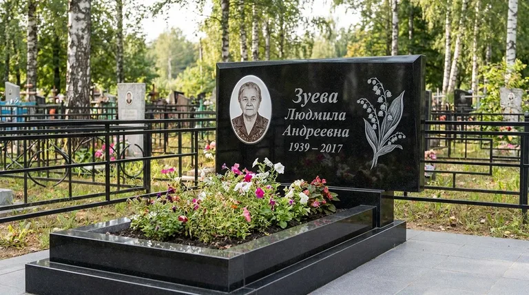 Памятник с гравировкой ландышей — выполненная работа «Зуева» в Саратове