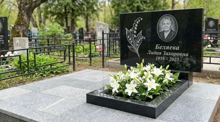 Памятник с гравировкой ландышей — выполненная работа «Беляева» в Саратове