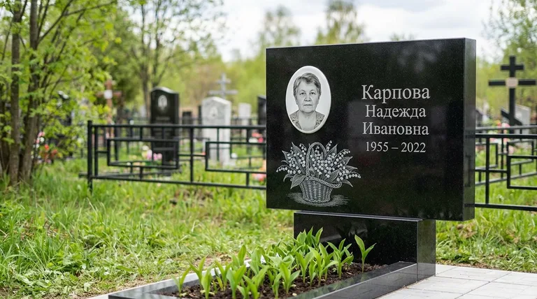 Памятник с гравировкой ландышей — выполненная работа «Карпова» в Саратове
