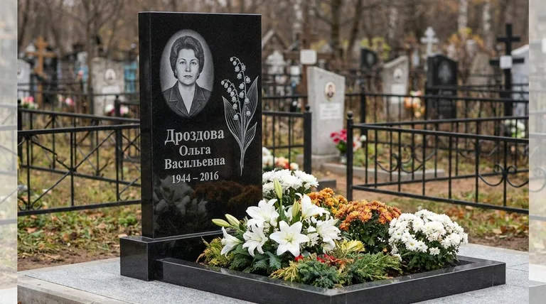 Памятник с гравировкой ландышей — выполненная работа «Дроздова» в Саратове