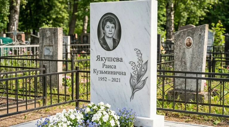 Памятник с гравировкой ландышей — выполненная работа «Якушева» в Саратове