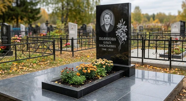 Памятник с гравировкой лилий — выполненная работа «Полякова» в Саратове
