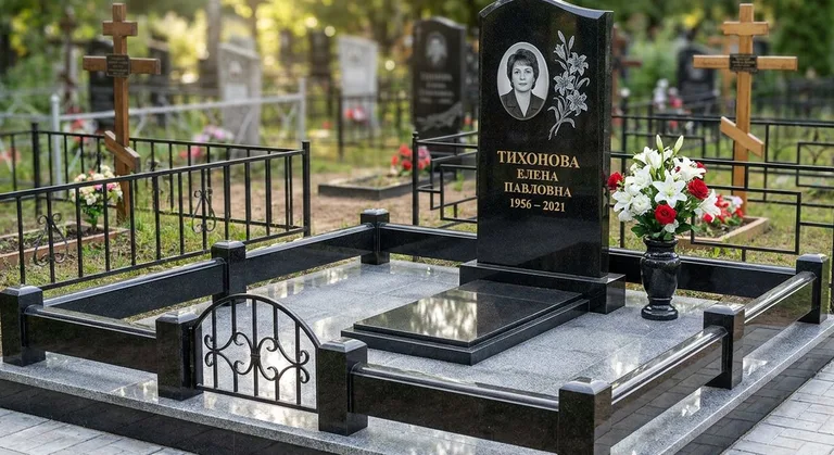 Памятник с гравировкой лилий — выполненная работа «Тихонова» в Саратове