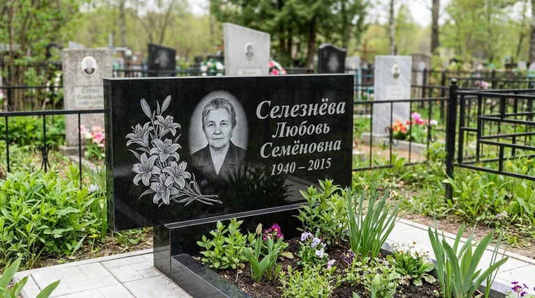 Памятник с гравировкой лилий — выполненная работа «Селезнёва» в Саратове