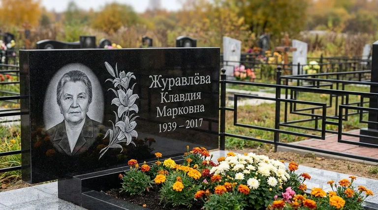 Памятник с гравировкой лилий — выполненная работа «Журавлёва» в Саратове