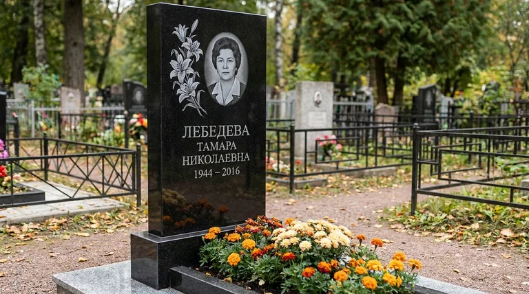 Памятник с гравировкой лилий — выполненная работа «Лебедева» в Саратове
