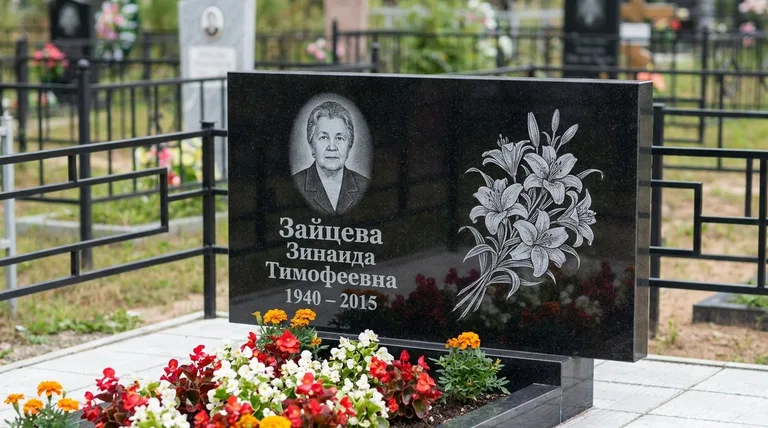 Памятник с гравировкой лилий — выполненная работа «Зайцева» в Саратове