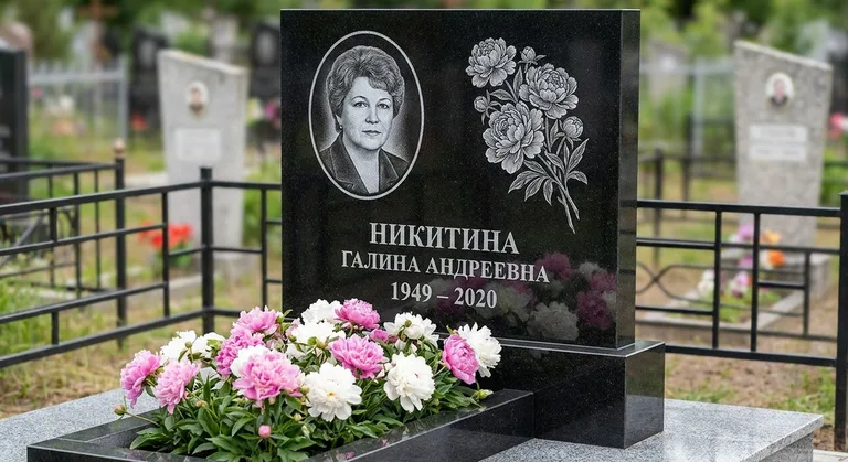 Памятник с гравировкой пионов — выполненная работа «Никитина» в Саратове