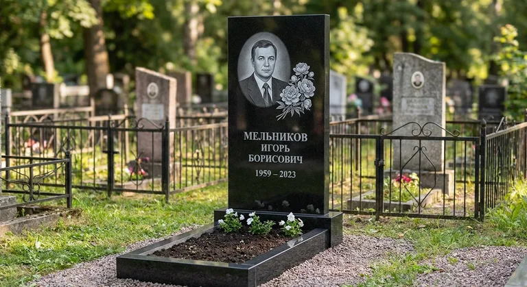 Памятник с гравировкой пионов — выполненная работа «Мельников» в Саратове