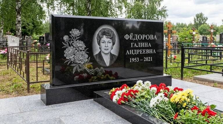 Памятник с гравировкой пионов — выполненная работа «Фёдорова» в Саратове