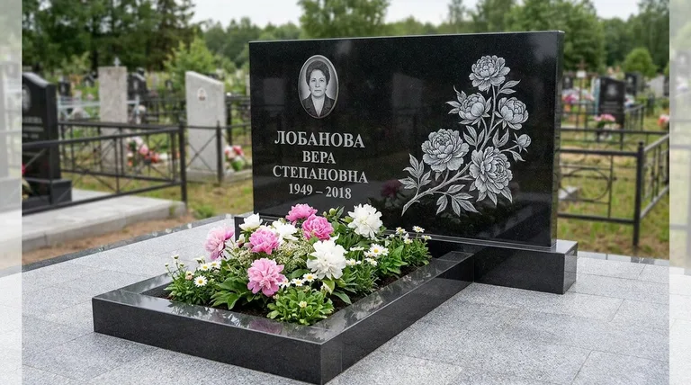 Памятник с гравировкой пионов — выполненная работа «Лобанова» в Саратове