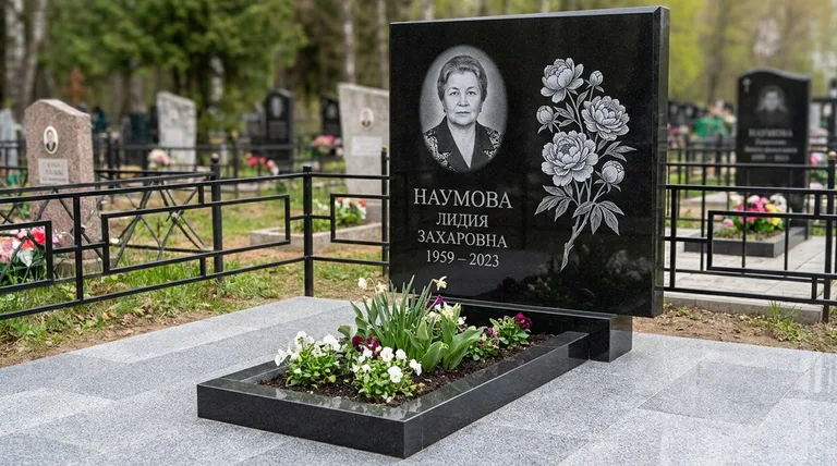 Памятник с гравировкой пионов — выполненная работа «Наумова» в Саратове
