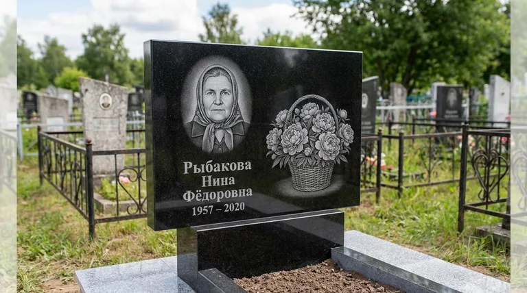 Памятник с гравировкой пионов — выполненная работа «Рыбакова» в Саратове