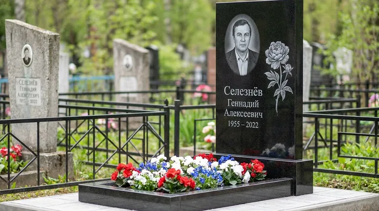 Памятник с гравировкой пионов — выполненная работа «Селезнёв» в Саратове