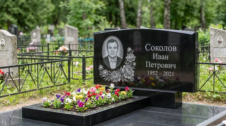 Памятник с гравировкой пионов — выполненная работа «Соколов» в Саратове