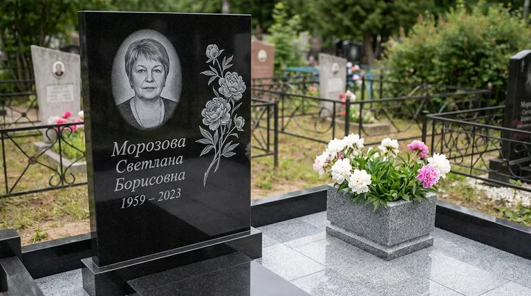 Памятник с гравировкой пионов — выполненная работа «Морозова» в Саратове