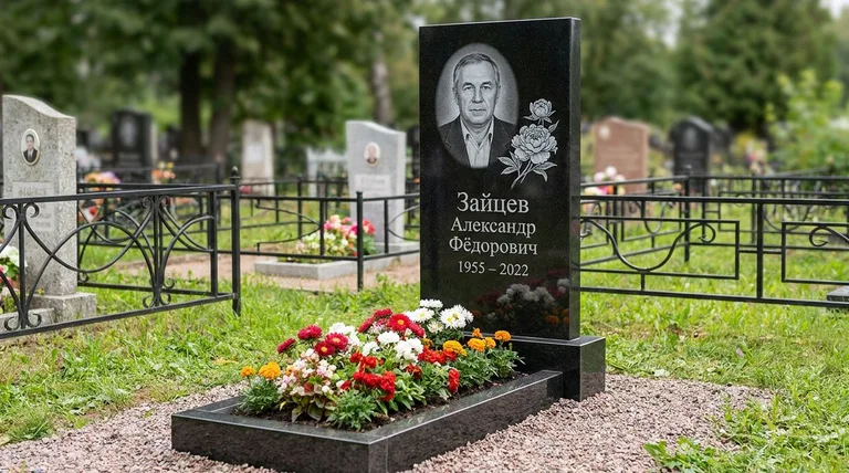 Памятник с гравировкой пионов — выполненная работа «Зайцев» в Саратове