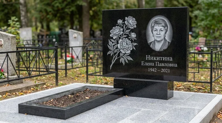 Памятник с гравировкой пионов — выполненная работа «Никитина» в Саратове