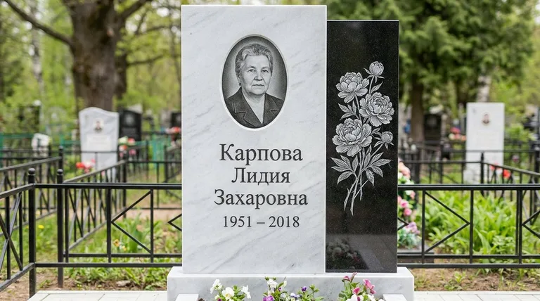 Памятник с гравировкой пионов — выполненная работа «Карпова» в Саратове