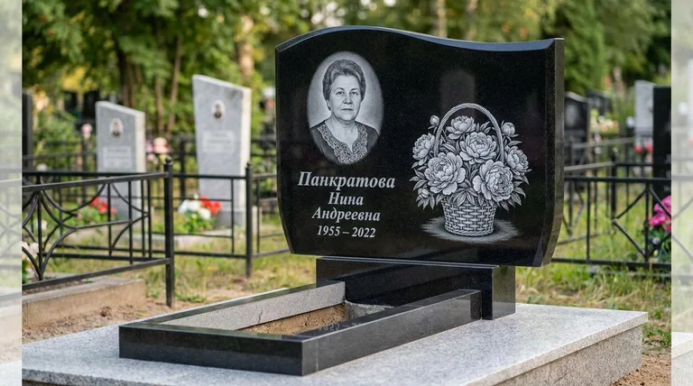 Памятник с гравировкой пионов — выполненная работа «Панкратова» в Саратове