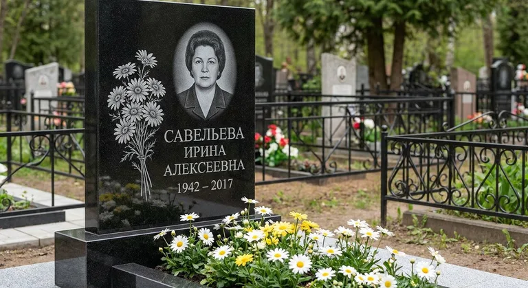 Памятник с гравировкой ромашек — выполненная работа «Савельева» в Саратове