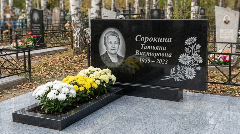 Памятник с гравировкой ромашек — выполненная работа «Сорокина» в Саратове