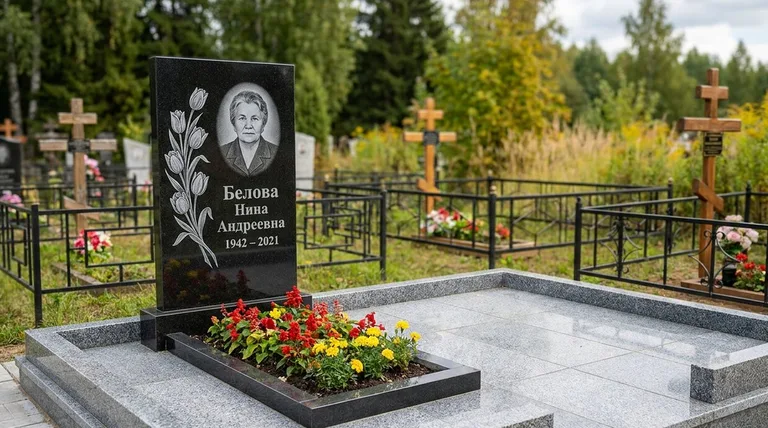 Памятник с гравировкой тюльпанов — выполненная работа «Белова» в Саратове
