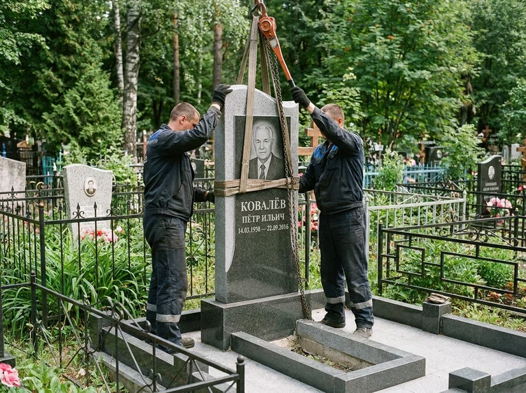 Демонтаж памятника на кладбище в Саратове — бригада аккуратно снимает старый гранитный памятник с могилы