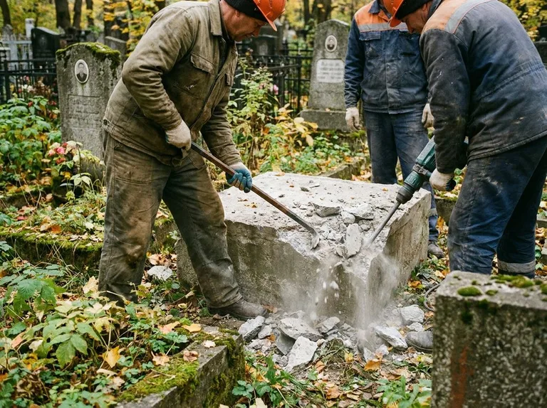 Демонтаж бетонного цоколя и тумбы памятника в Саратове