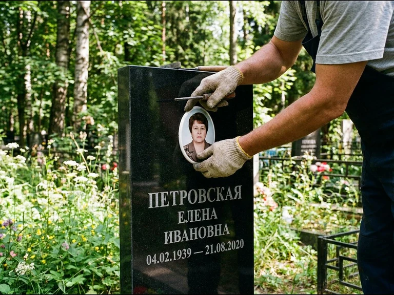 Фото на керамике на памятник в Саратове — мастер устанавливает овальный керамический портрет на гранитный памятник