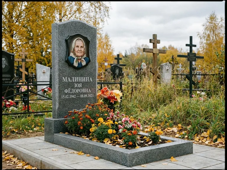 Чёрно-белый керамический портрет на памятнике в Саратове
