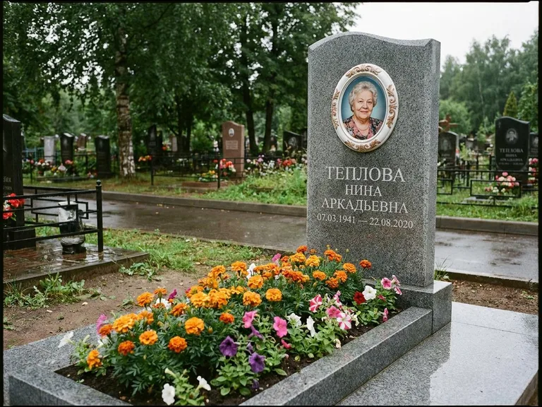 Керамический портрет на памятнике с цветами в Саратове