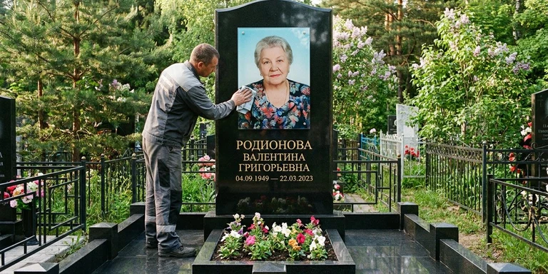 Фотокерамика и печать фото на памятник в Саратове — мастер устанавливает цветной портрет на стекле на гранитный памятник
