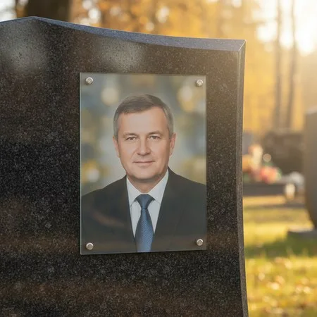 Портрет на стекле на держателях на чёрном граните в Саратове