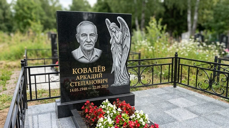 Гравировка ангела на памятник в Саратове — памятник из чёрного гранита с гравировкой
