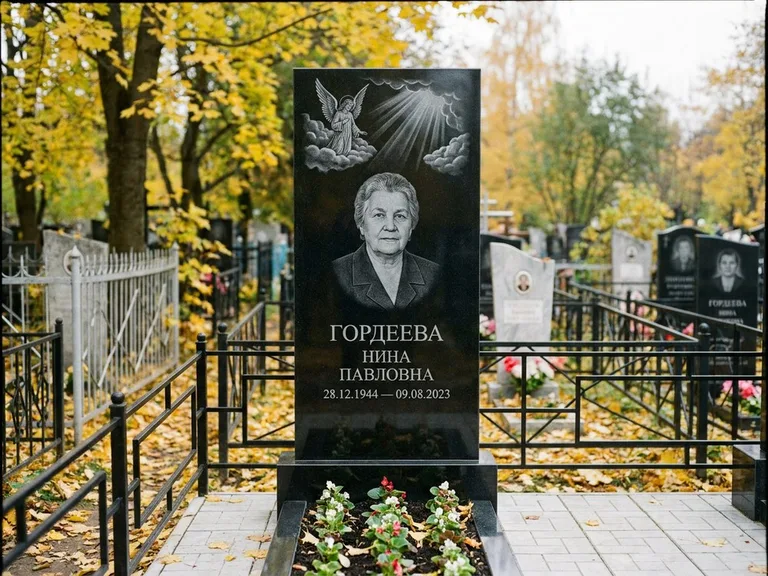 Памятник с гравировкой ангела — гравировка ангела в облаках с лучами над портретом, работа «Гордеева» в Саратове