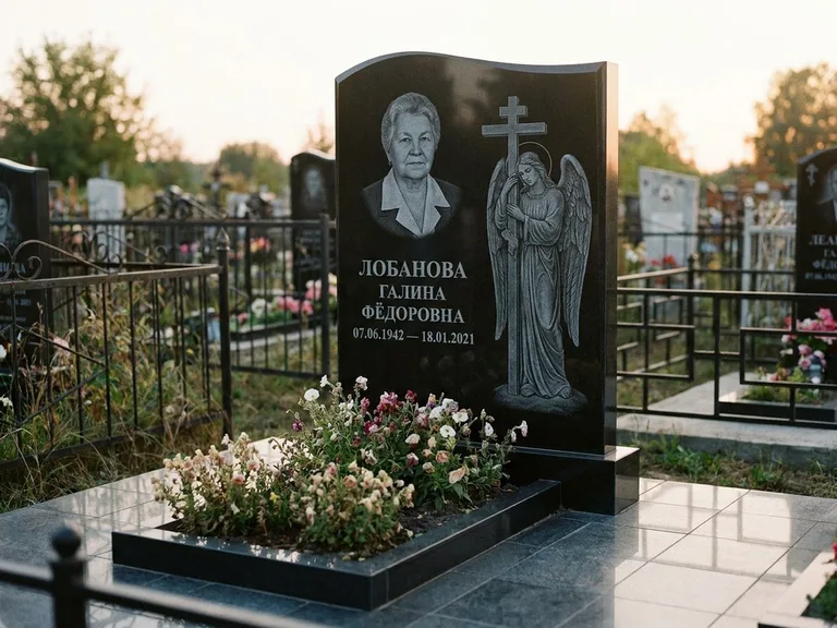 Памятник с гравировкой ангела — гравировка ангела с крестом рядом с эпитафией, работа «Лобанова» в Саратове